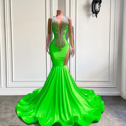 Green Fashion Prom Dresses, Diamonds Luxury Prom..