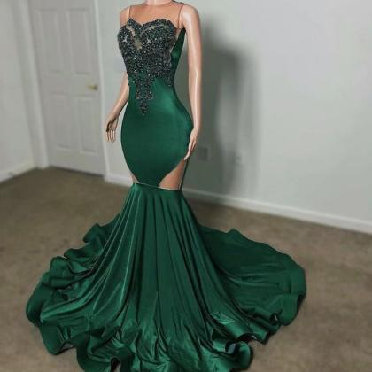 Green Prom Dresses For Women, Beaded Applique..
