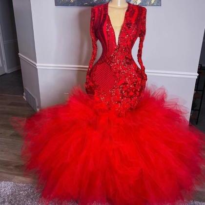 Red Prom Dresses 2024, Long Sleeve Sparkly Prom..