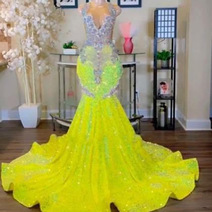 Yellow Sparkly Prom Dresses, Rhinestones Luxury..