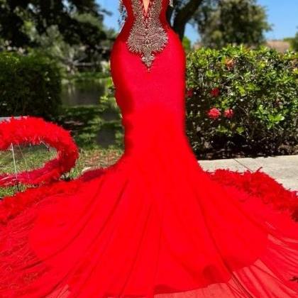 Tassel Feather Prom Dresses, Red Diamonds Prom..