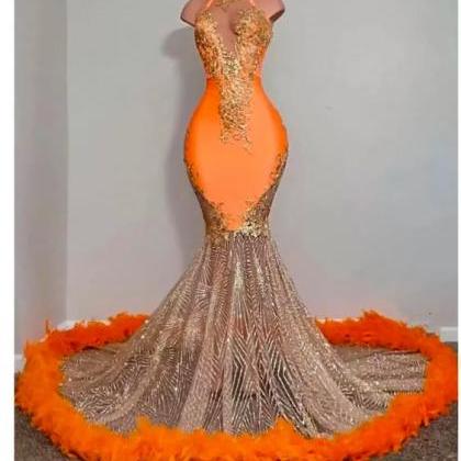 High Neck Orange Prom Dresses, Sparkly Prom..