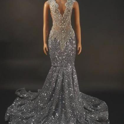 Glitter Gray Prom Dresses, Rhinestones Diamonds..