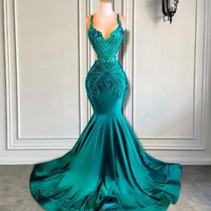 Rhinestones Luxury Prom Dresses, Green Beaded Prom..