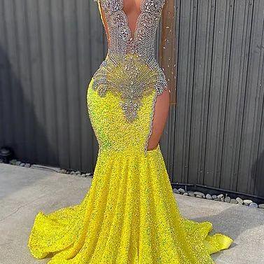 One Shoulder Prom Dresses, Yellow Sparkly Prom..