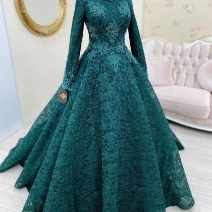 Muslim Prom Dresses, Green Lace Applique Prom..