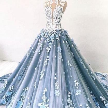 Lace Applique Prom Dresses, Dusty Blue Prom..