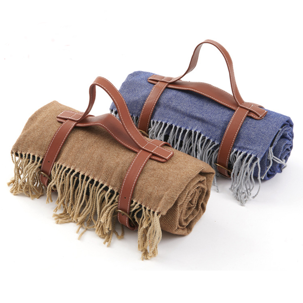 59“*79“ Denim Fringe Camping Blanket Portable Waterproof Heat Insulation Pincic Mat with Leather Strap Picnic Accessories PICM6004
