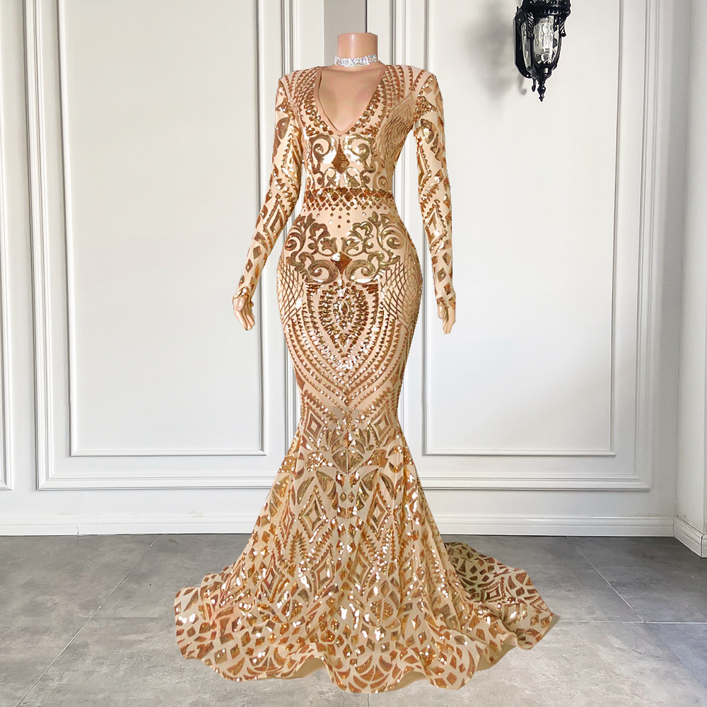 Gold Sequin Lace and Appliqué Dress, Elegant Prom Dress, Gold