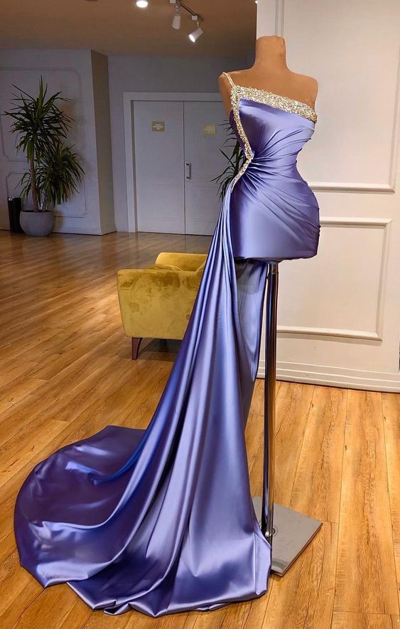 fitted lace wedding dress Sexy One Shoulder Mermaid Side Slit Purple Evening Prom Dresses Online –  DaintyBridal main image 1