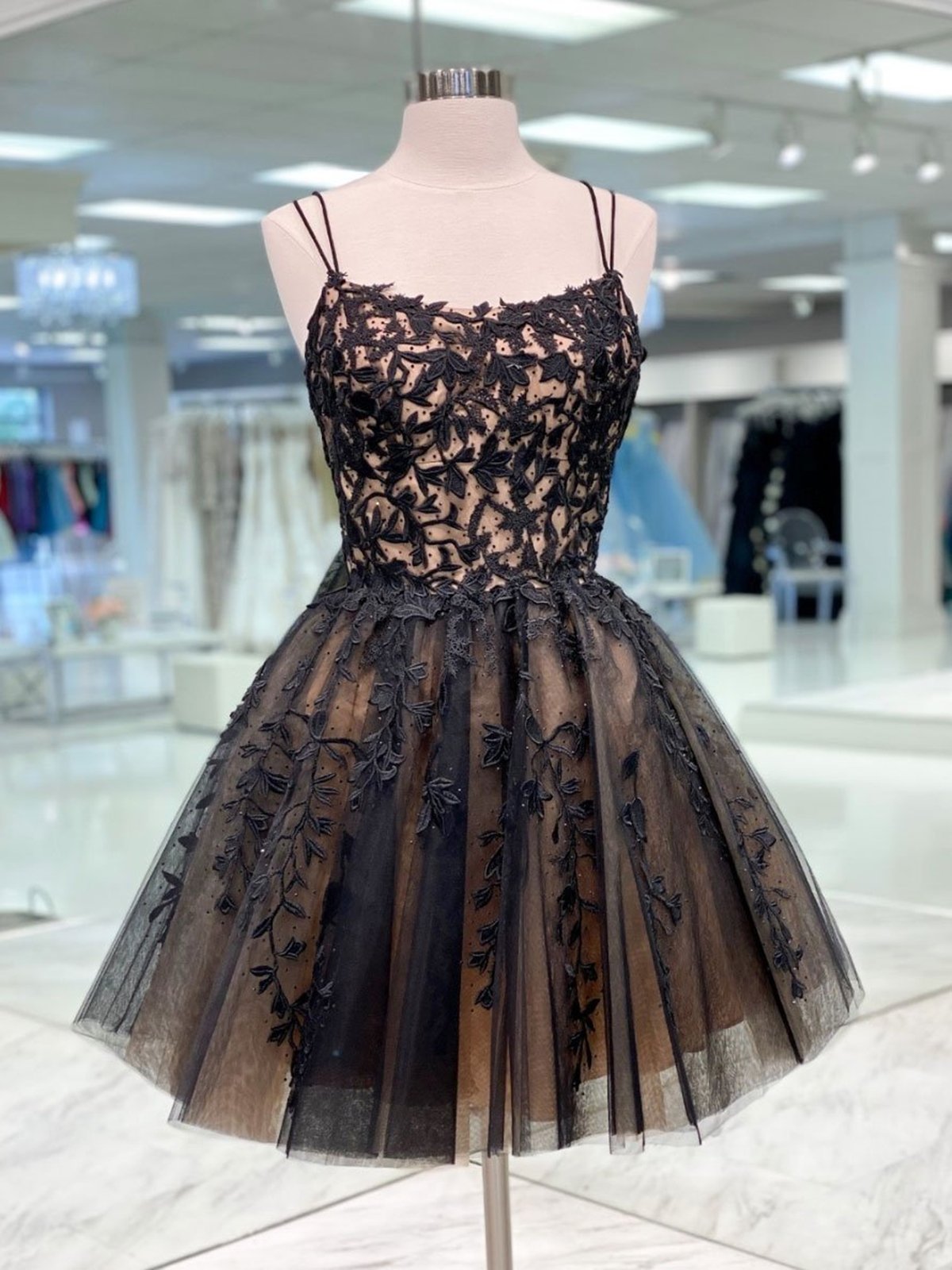 Black Prom Dresses, Lace Applique Prom Dresses, Prom Dresses Short