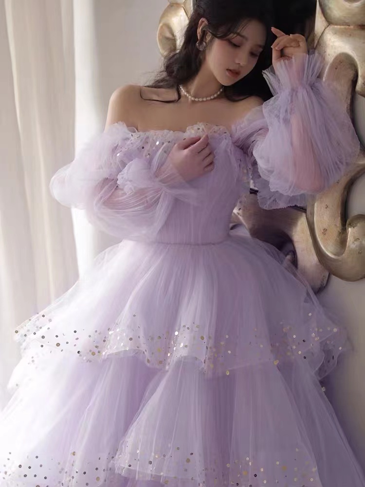 Sparkly Prom Dresses, Purple Prom Dresses, Robes De Cocktail, Off The Shoulder Prom Dresses, Long Sleeve Prom Dresses, Tulle Prom Dress, A Line