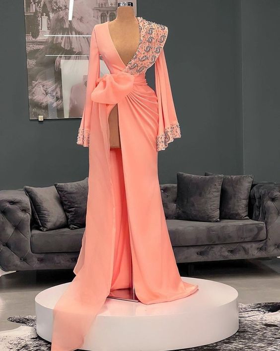 Deep V Neck Prom Dress, Dubai Fashion Dress, Beaded Prom Dresses, Luxury Prom Dresses, Prom Dresses Long Sleeve, 2024 Prom Dresses, Robes De