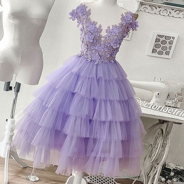 Purple Prom Dresses, Tiered Prom Dresses, Robes De Cocktail, Lilac Prom Dresses, Floral Prom Dresses, Lace Applique Prom Dresses, Prom Dresses,