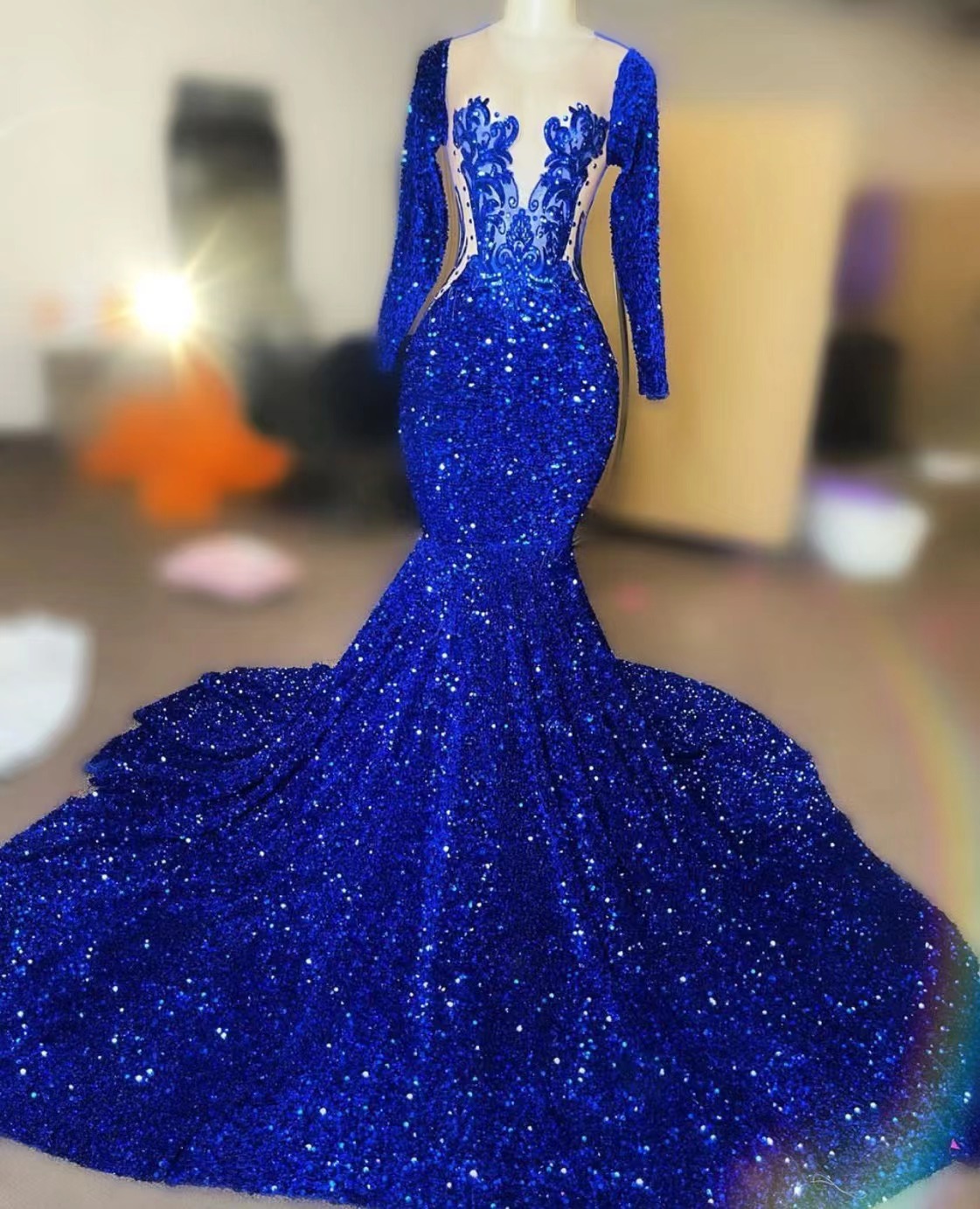 Royal Blue Evening Dresses, Glitter Evening Dress, Sparkly Prom Dresses, Mermaid Prom Dresses, Long Sleeve Evening Dresses, Modest Prom Dresses,