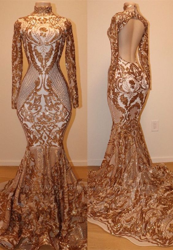 Gold Evening Dress, Sparkly Lace Evening Dresses, Vintage Prom Dresses, Mermaid Evening Dresses, High Neck Evening Dress, Formal Dress, Formal