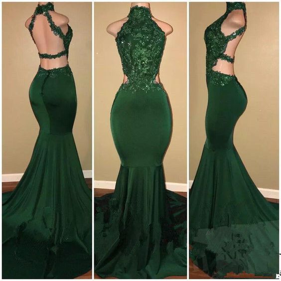 Backless Evening Dress, Green Evening Dress, Sexy Formal Dress, Formal Party Dresses, Cocktail Party Dresses, Lace Applique Evening Dress,
