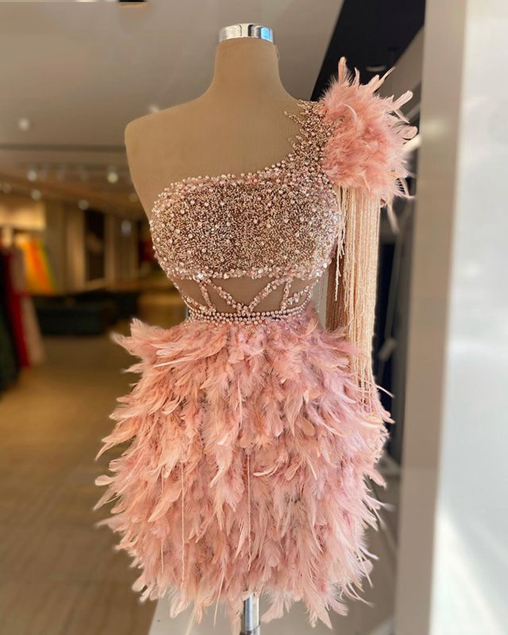 Pink Prom Dresses, Feather Prom Dresses, Beaded Prom Dresses, Party Dresses, Cocktail Dresses, One Shoulder Prom Dresses, Homecoming Dresses
