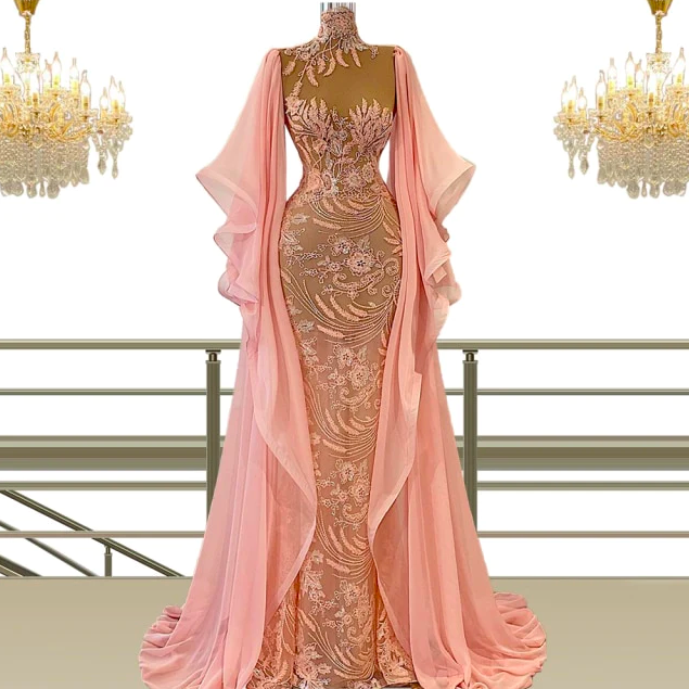High Neck Prom Dresses, Pink Prom Dresses, Lace Applique Prom Dresses, Muslim Prom Dresses, Dubai Fashion Prom Dresses, Mermaid Prom Dresses,