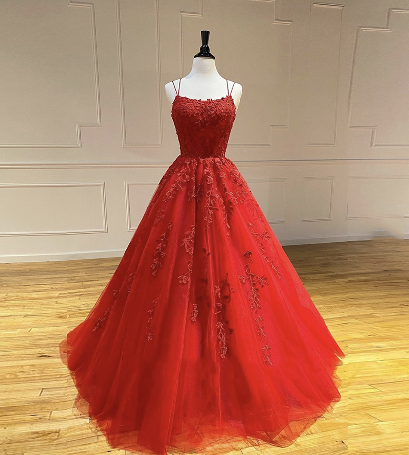 Red Lace Prom Dresses, Custom Make Prom Dress, Spaghetti Strap Prom Dresses, Robes De Cocktail, Tulle Prom Dresses, Women Fashion Dress, Elegant