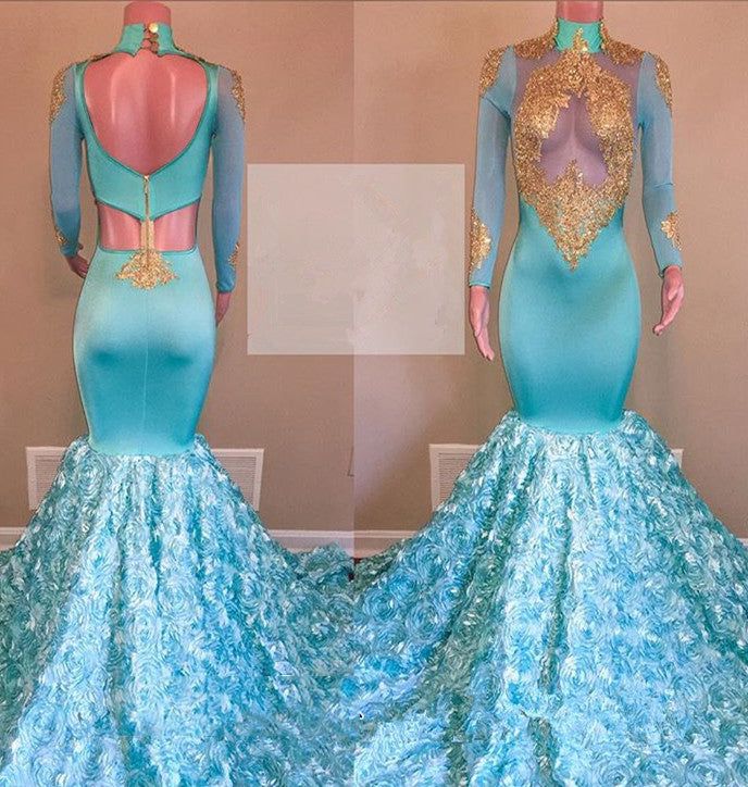 Mermaid Prom Dresses, African Prom Dresses, Blue Prom Dresses, High Neck Prom Dress, Prom Gown For Women, Lace Applique Prom Dresses, Floral