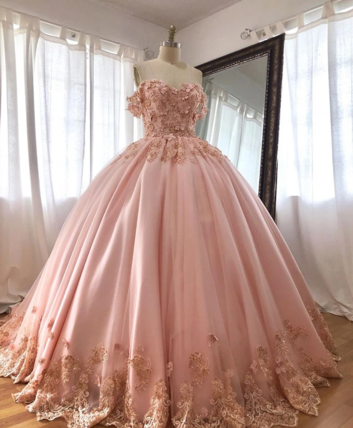 Pink Prom Dresses, Prom Ball Gown, Lace Applique Prom Dresses, Floral Prom Dresses, Prom Gown, Robe De Soiree Femme, Elegant Prom Dresses,