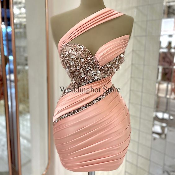 Pink Evening Dresses, Beaded Evening Dresses, Cocktail Party Dresses, Formal Party Dresses, One Shoulder Evening Dresses, Vestidos De Noche,