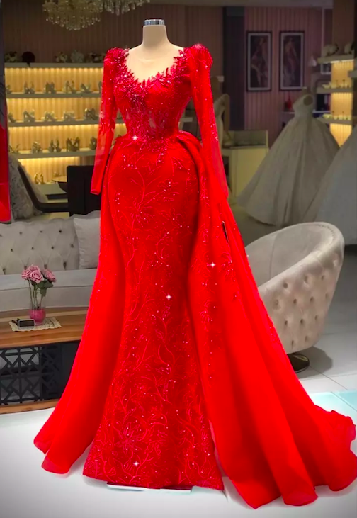Long Sleeve Prom Dresses, Red Lace Prom Dresses, Beaded Prom Dresses, Detachable Skirt Prom Dresses, Prom Dresses With Overskirt, Vestidos De