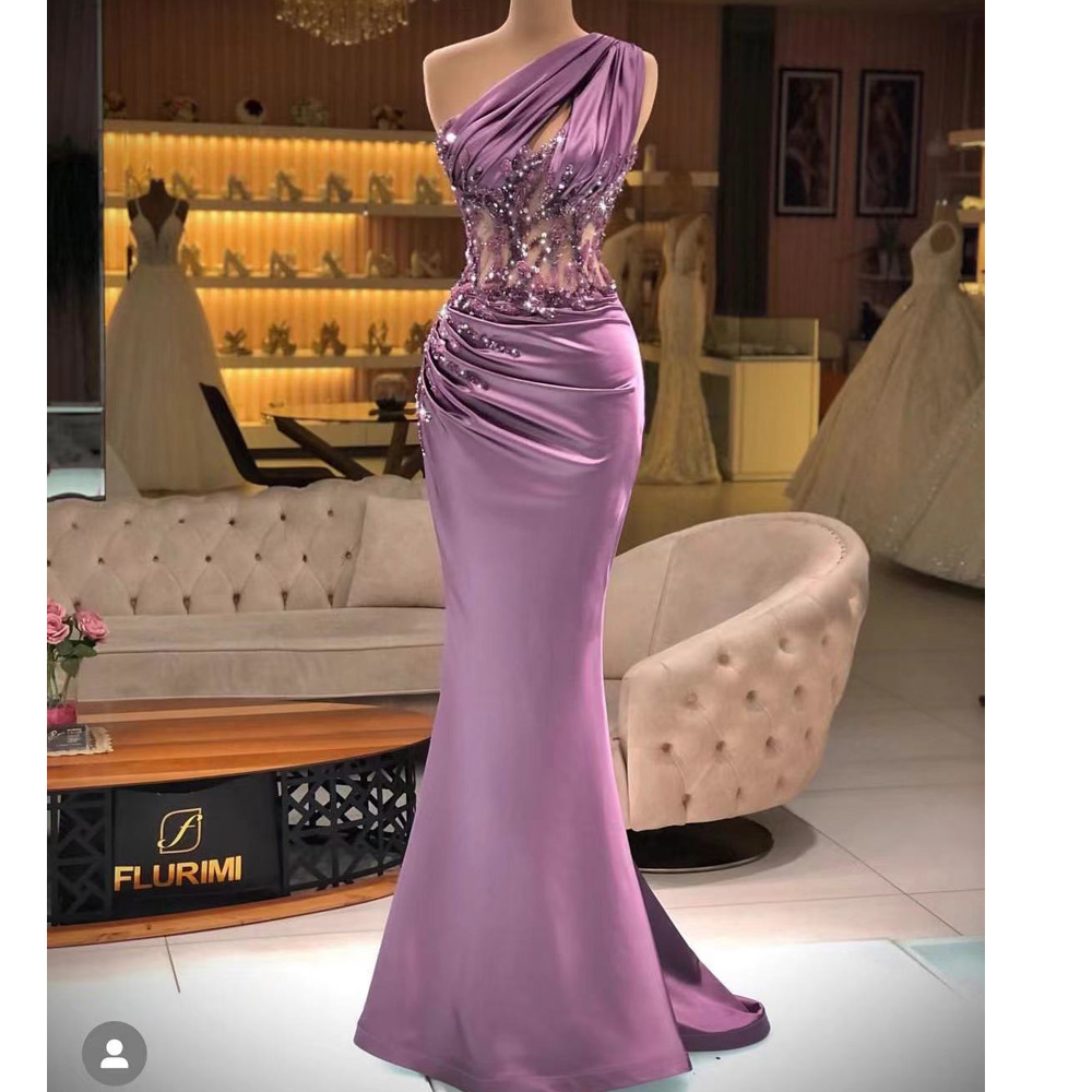 One Shoulder Evening Dresses, Elegant Evening Dresses, Purple Evening Dress, Sexy Party Dresses, Formal Dresses, Beaded Lace Prom Dresses,