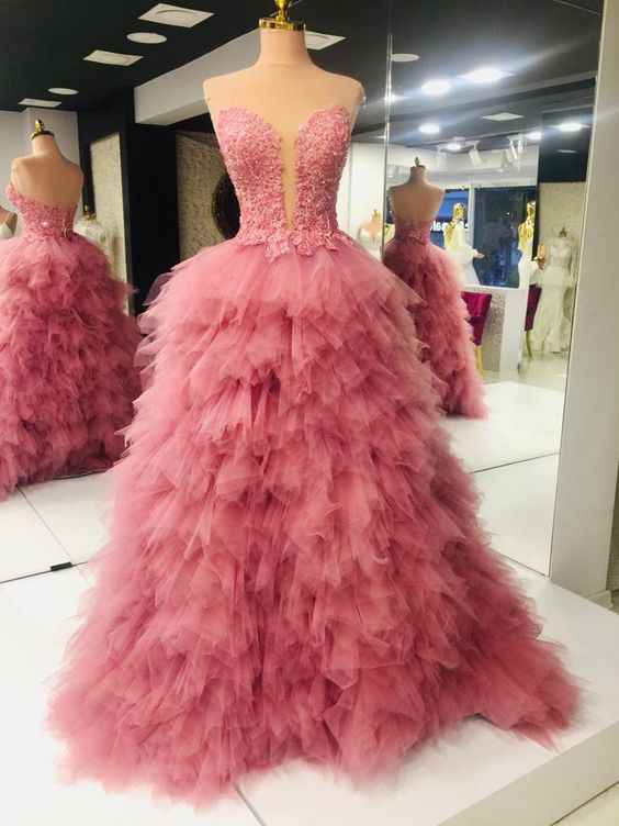 Rose Pink Prom Dress, Ball Gown Prom Dresses, Prom Dresses For Women, Pageant Dresses For Women, Lace Applique Prom Dresses, Tulle Dresses, Robes