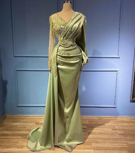 Long Sleeve Prom Dresses, Beaded Applique Prom Dresses, V Neck Prom Dress, Formal Party Dresses