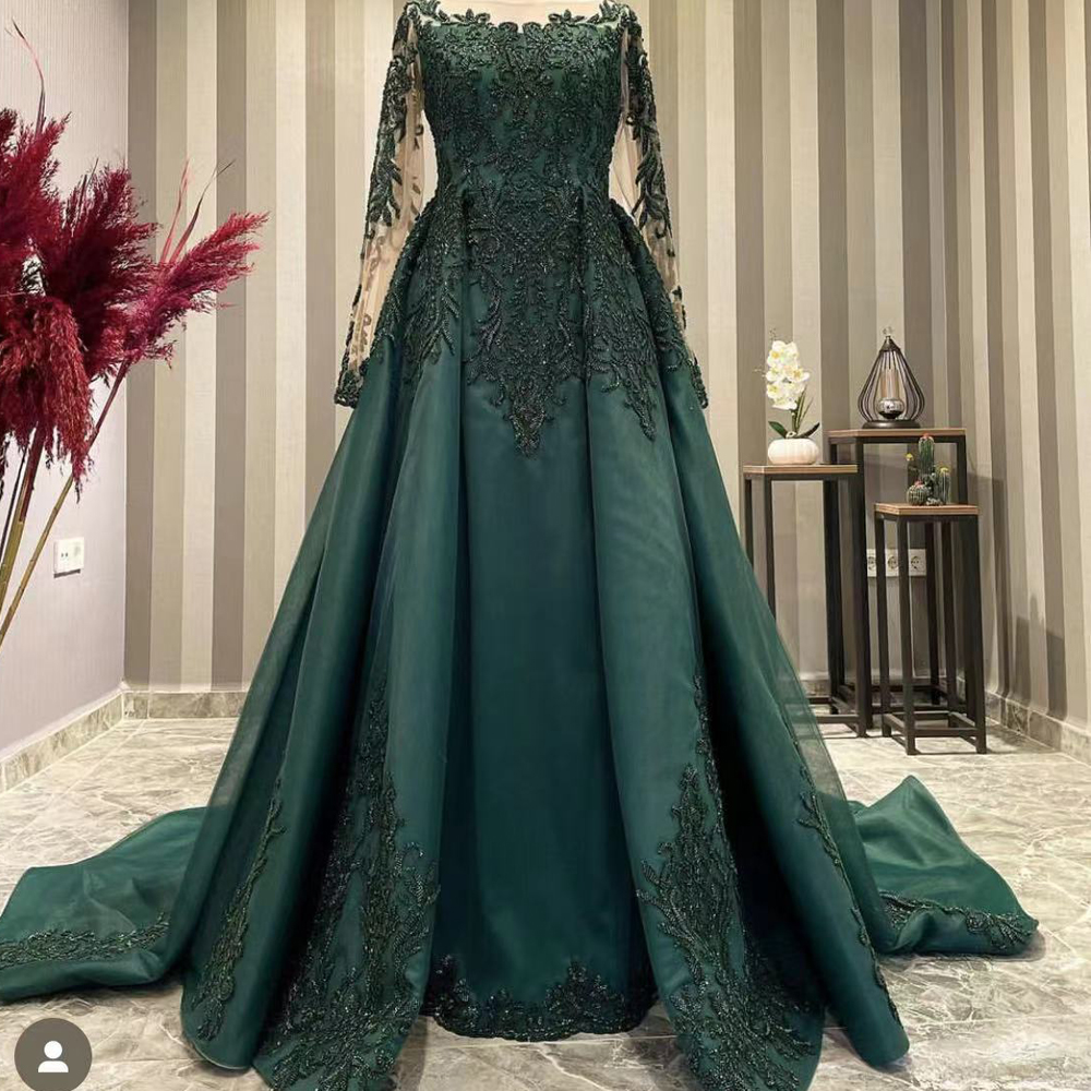 Deep Green Prom Dresses, Long Sleeve Prom Dresses, Luxury Prom Dress, Lace Applique Prom Dresses, Beaded Prom Dresses, Robe De Bal, Muslim Prom
