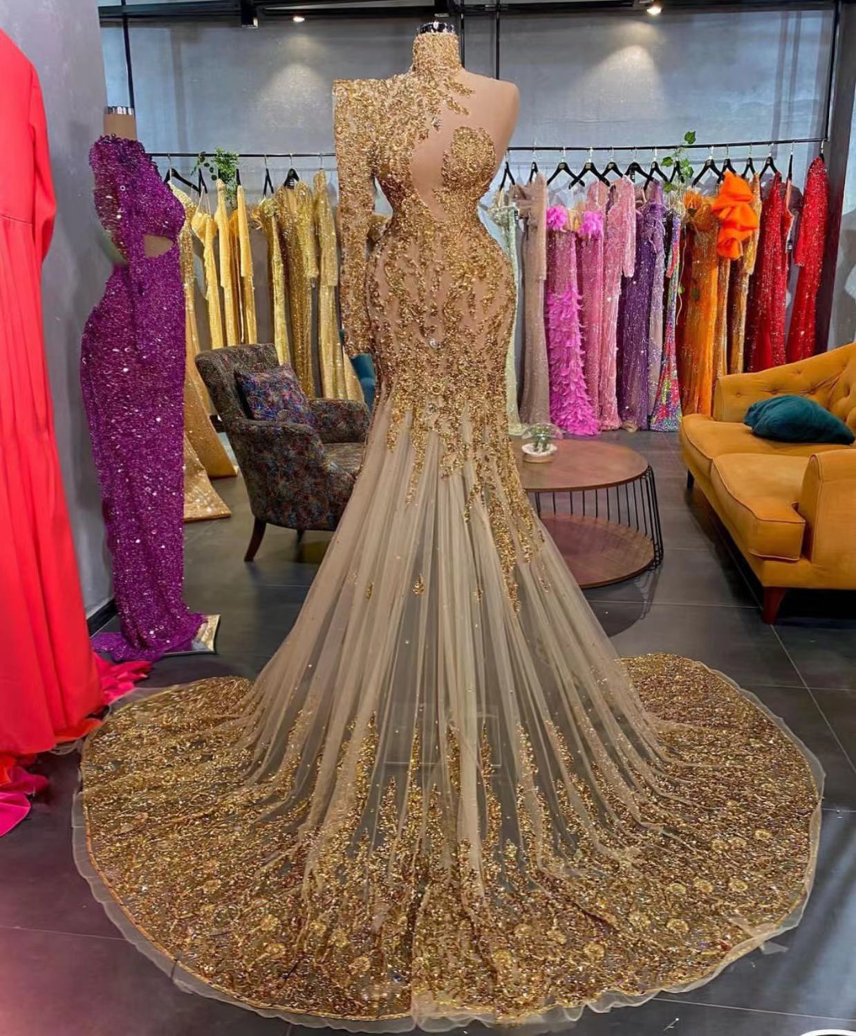 Gold Lace Beaded Evening Dresses High Neck Evening Dress Luxury Gold Lace Beaded Evening Dresses High Neck Evening Dress Luxury