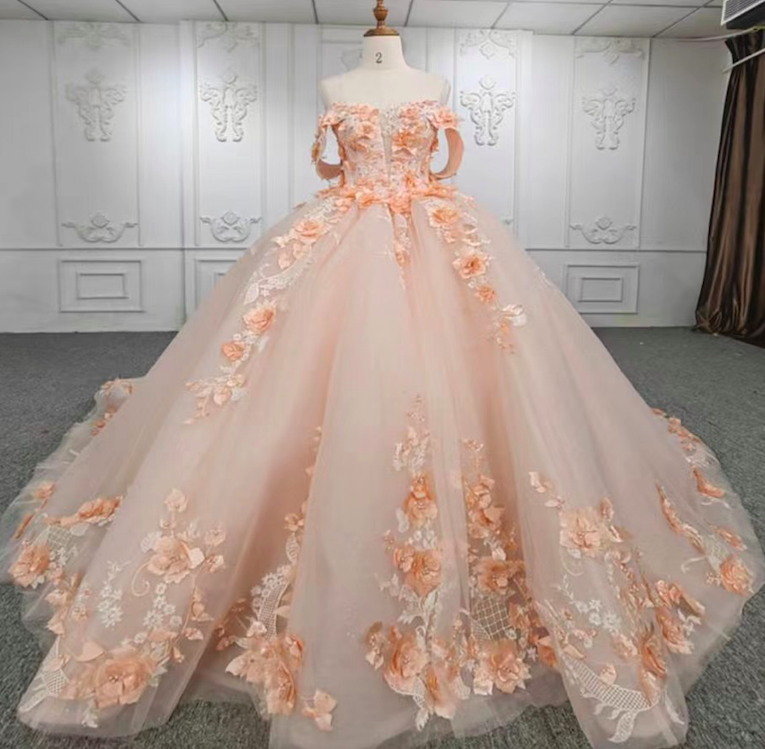 Sweet 18 Dresses, Quinceanera Dresses, Peach Prom Dresses, 3d Flowers Prom Dress, Prom Ball Gown, Lace Applique Prom Dress, Vestidos De