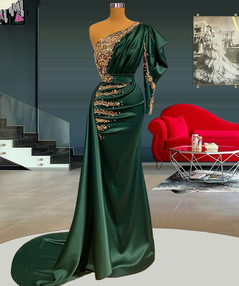 One Shoulder Prom Dresses, Green Prom Dresses, Muslim Prom Dresses, Beaded Prom Dress, Vestidos De Fiesta, Elegant Prom Dress, Dubai Arabic Prom