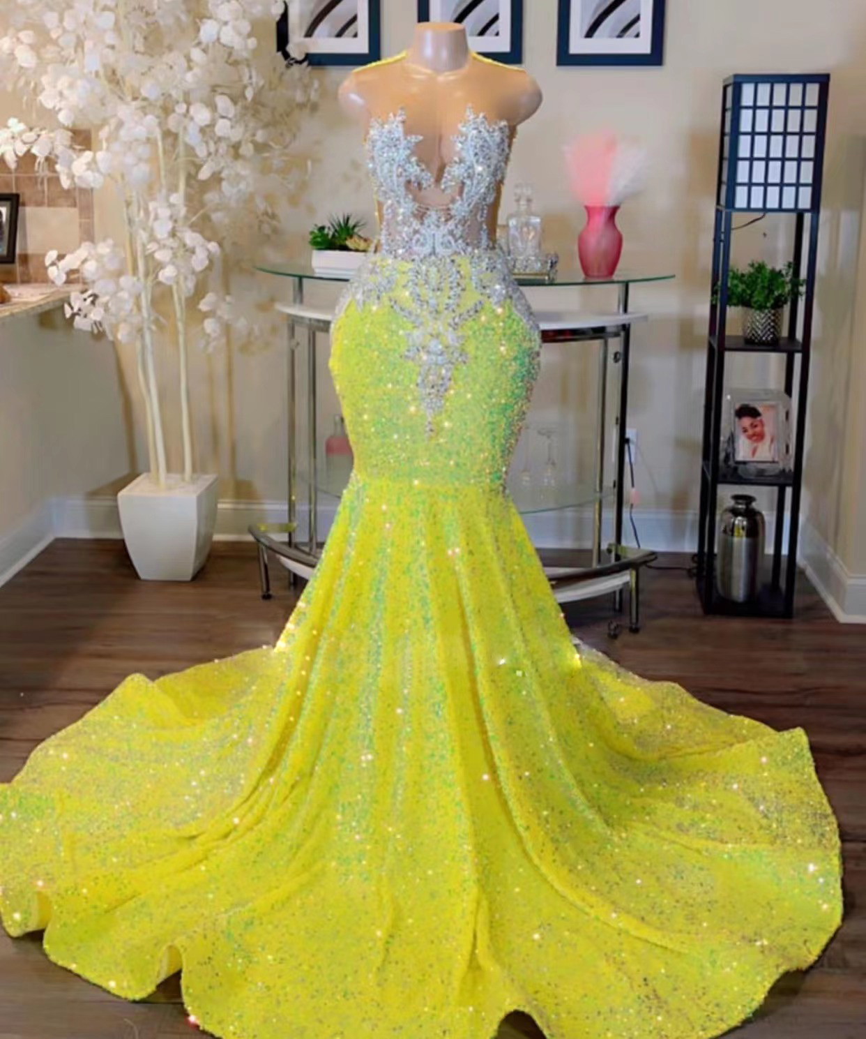 Yellow Prom Dresses, O Neck Prom Dress, Sparkly Prom Dresses, Beaded Applique Prom Dresses, Mermaid Prom Dresses, Prom Dresses For Black Girl,