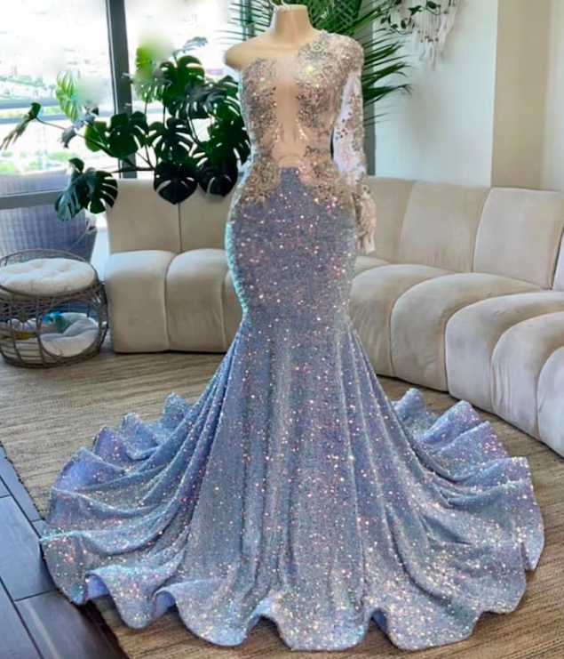 blue prom dress with sequins Sparkly Mermaid Sweetheart Blue Sequins Long Prom Dresses with Slit  VK23012303 – Vickidress main image 1