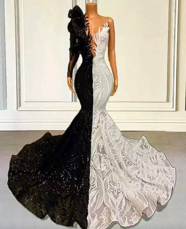 Black And White Prom Dresses, Modest Prom Dresses, Lace Applique Prom Dresses, Sparkly Evening Dress on Luulla