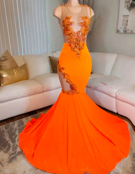 Orange Prom Dresses, Lace Applique Prom Dresses, O Neck Formal Dresses, Vestidos De Fiesta Mujer Para, Custom Prom Dresses, Evening Dresses Long,