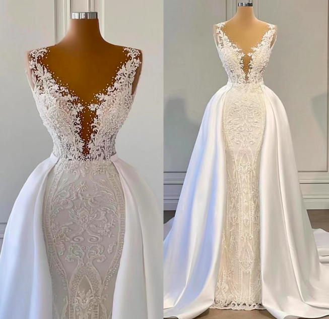 Detachable Skirt Wedding Dresses, Off White Wedding Dresses, Arabic Wedding Dresses, Lace Applique Wedding Dress, Boho Wedding Dresses, Vintage