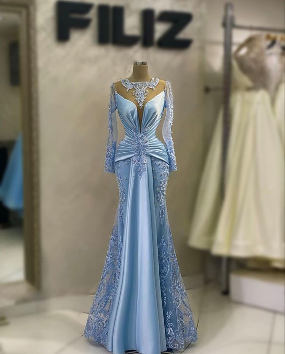 Blue Prom Dresses, Lace Applique Prom Dresses, Robes De Soiree Femme, Dubai Fashion Party Dresses, Long Sleeve Prom Dresses, Custom Evening