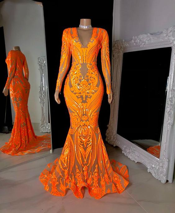 Orange Prom Dresses, Sequin Applique Prom Dresses, Long Sleeve Prom Dresses, Elegant Evening Dresses, V Neck Evening Dresses, Sparkly Evening