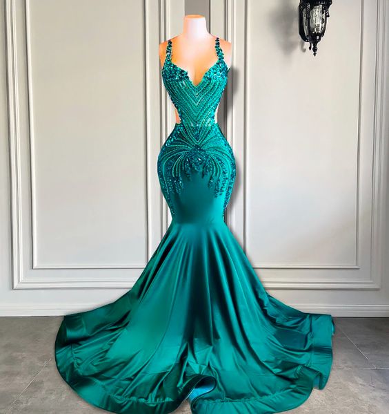 Green Prom Dresses, Beaded Prom Dresses, Spaghetti Straps Prom Dresses, Custom Prom Dresses, Mermaid Evening Dresses, Vestidos De Noche, Fashion