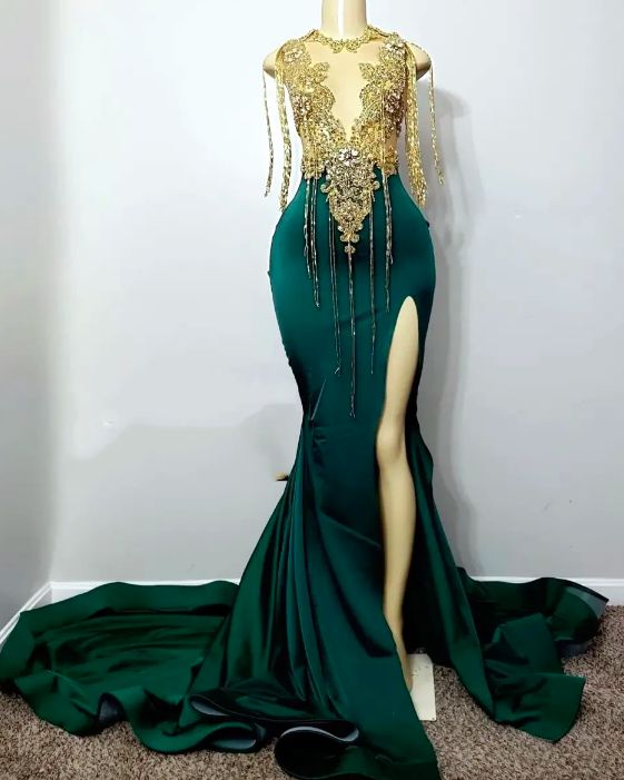 Tassels Prom Dresses, Fashion Party Dresses, Vestidos De Gala, Elegant Prom Dresses, Hunter Green Prom Dresses, Gold Applique Formal Dress,