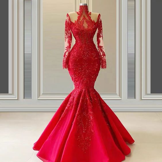 High Neck Prom Dresses, Vestidos de Graduacion, Red Prom Dresses, Lace Applique Prom Dresses, Beaded Evening Dress, Vestidos de Fiesta, Elegant