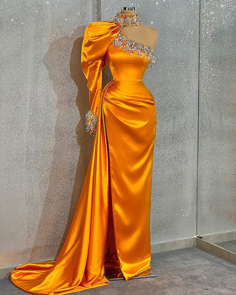 open lace back dress Mermaid Sweetheart Satin Long Orange Prom Dresses with Beading Pic Color / US0