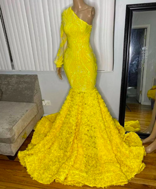 Yellow Prom Dresses, One Shoulder Prom Dresses, Prom Dresses For Black Girls, Plus Size Prom Dress, Formal Dresses, Floral Prom Dresses,
