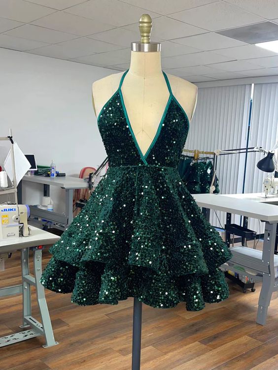 open lace back dress Round Neck Beaded Green Lace Short Prom Homecoming Dress, Short Green –  abcprom main image 1