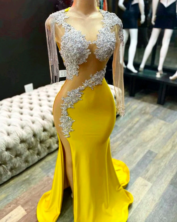 Scoop Neckline Satin Yellow Long Prom Dresses, Yellow Formal with Bead –  shopluu