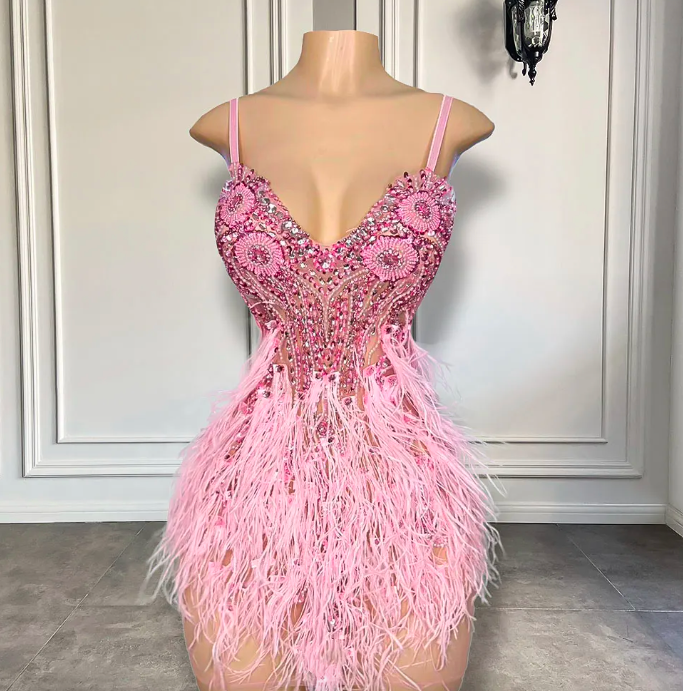 Mini Prom Dresses, Pink Fashion Party Dresses, Luxury Birthday Party Dresses, Diamonds Prom Dresses, Sexy Formal Dresses, Feather Prom Gowns,